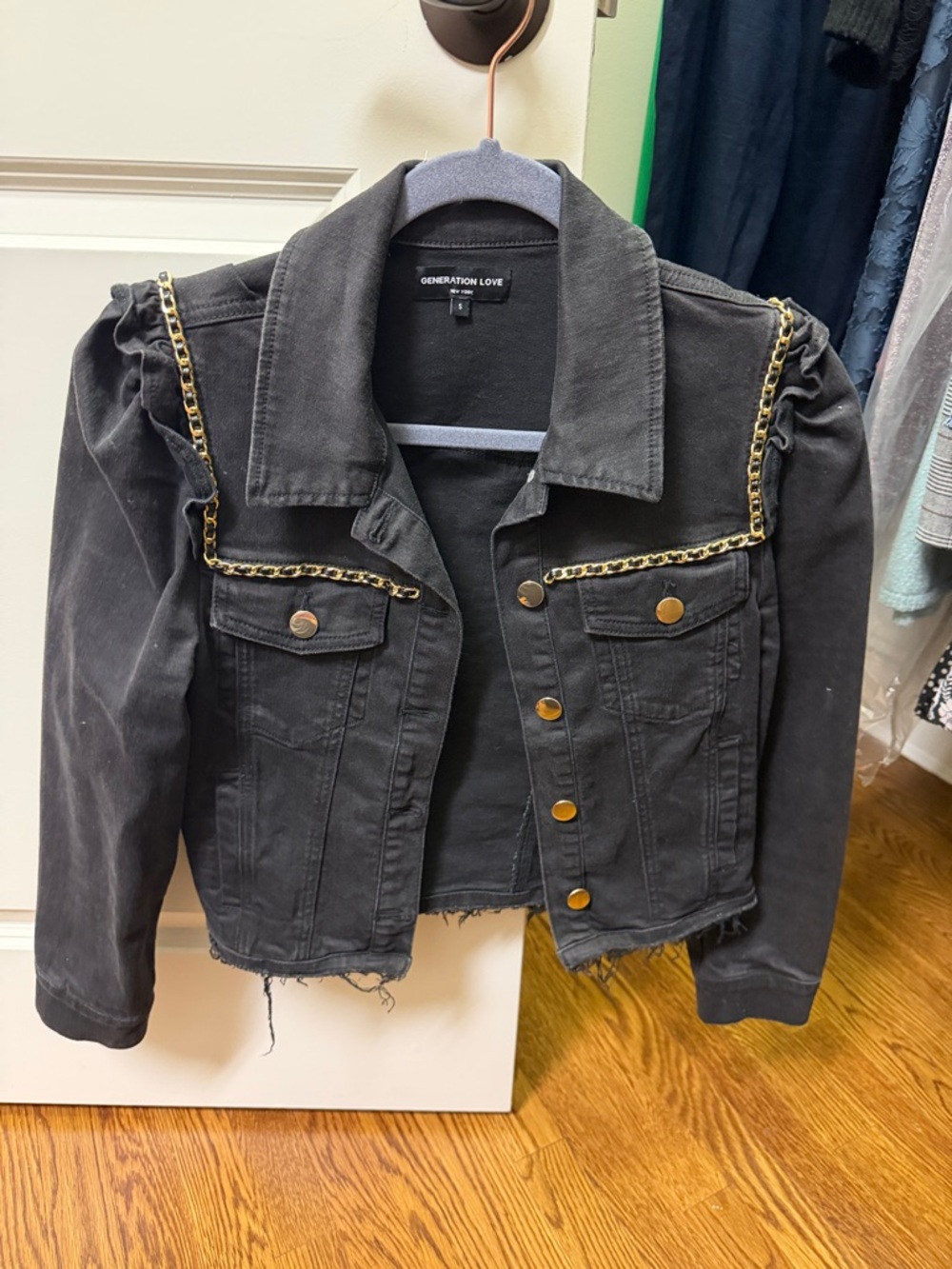 Generation Love Black Cropped Denim Jacket with Gold Chain Trim